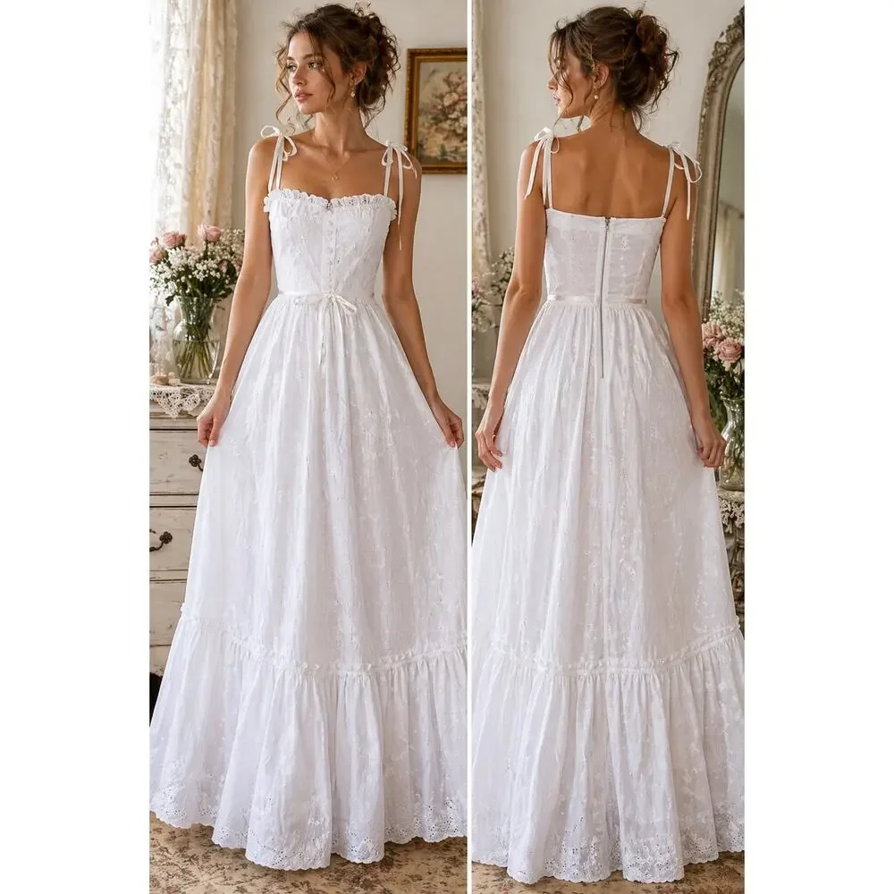 Vintage Victoria Vaughn White Eyelet Prairie Maxi Dress Cottage Bridal 7 USA - Picture 1 of 14